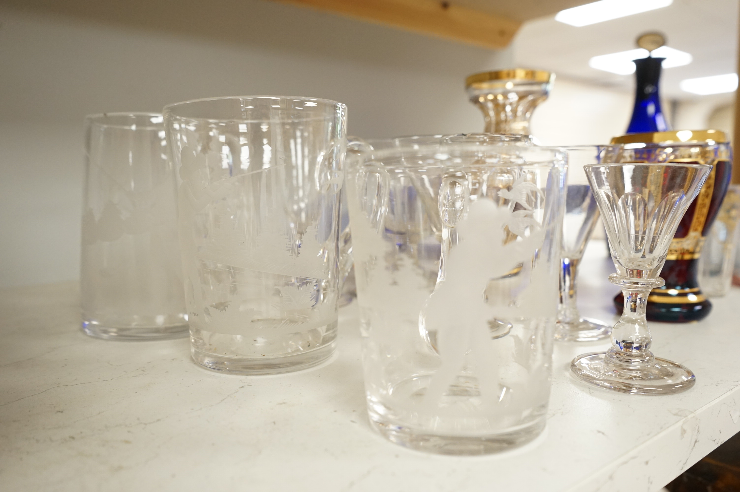 18th century and later glassware including a pair of ‘Bristol’ blue decanters